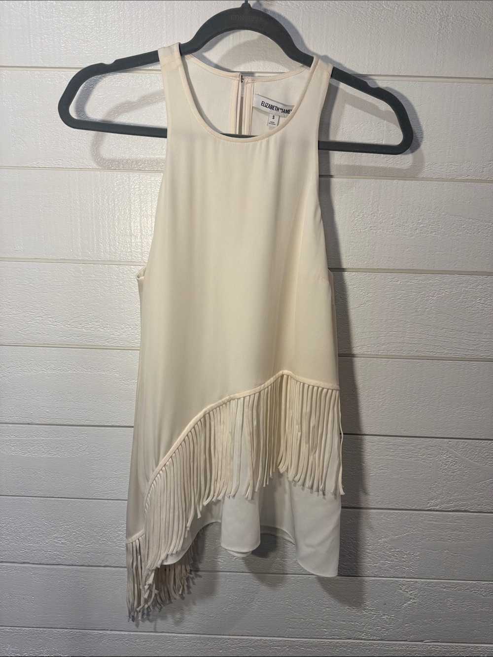 Elizabeth and James Asymmetrical Ivory Fringe Halter Top- Small